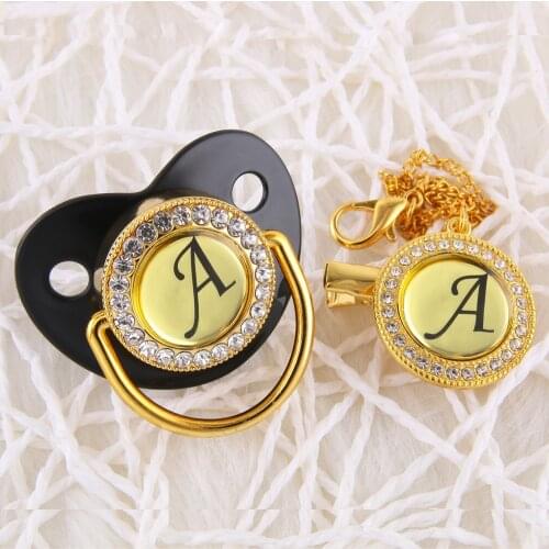 Luxury Baby Pacifier 26 Initials Letter Black Bling Pacifier Sparkling Holder Clip BPA Free Baby Dummy Soother