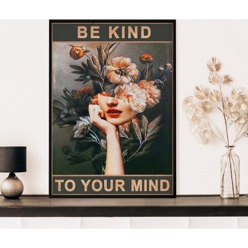 Modern Vintage Floral Head Woman Poster Print Be Kind To Your Mind Quote Canvas Painting Nordic Wall Art Pictures Bedroom Decor