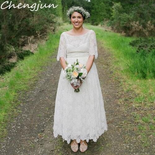 Chengjun Scoop Neck Vintage Half Sleeve A-Line Ankle Length Lace Wedding Dresses