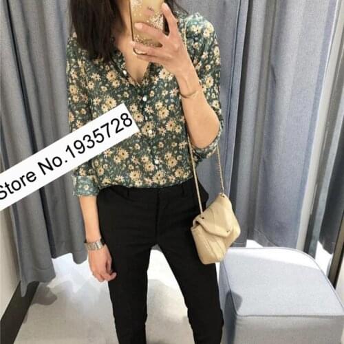 Ladies Cotton Blend Floral Printed Long Sleeve Lapel Blouse Shirt Top