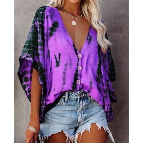 2021 Spring and Summer New Bat-sleeved Blouse Womens Sexy V-neck Chiffon Tie-dye Printing Single-breasted Casual Loose T-shirt