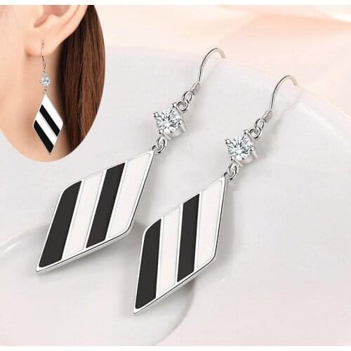Black And White Grid Rhombus Drop Earrings For Women CZ Stone Ear Hook Female Dangle Piercing Earring Trendy Wedding Jewelry