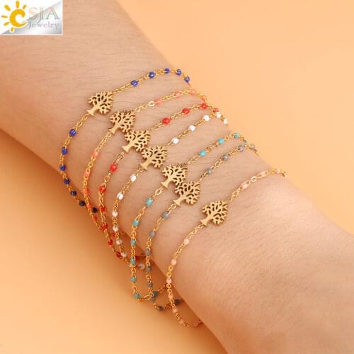 CSJA Tree of Life Gold-color Luxury Stainless Steel Women Bracelets Bangles Delica Beads Link Chain 2019 Designer Bracelet S418