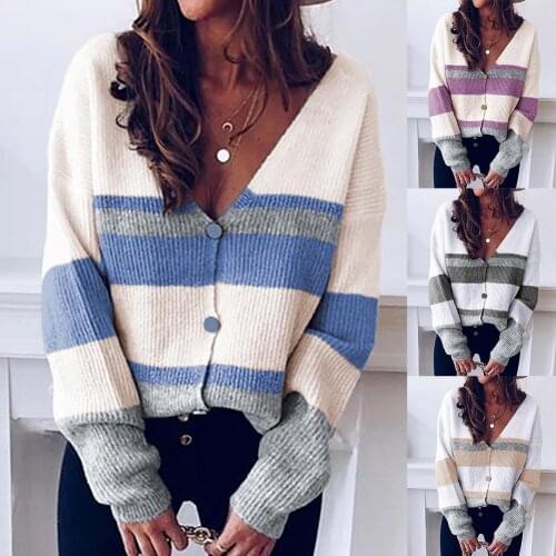 Knit Cardigans Sweater Women Autumn Long Sleeve Striped Color Block Buttons Knitted Sweater Cardigan Coat Femme Warm Clothes