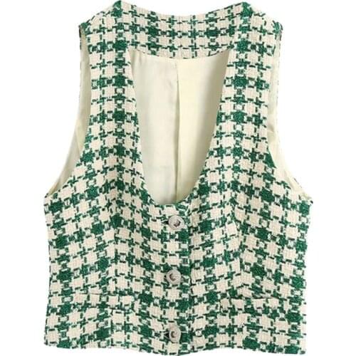 Women 2021 Fashion Button-up Tweed Cropped Vests Coat Vintage Chic V Neck Long Sleeve Outerwear