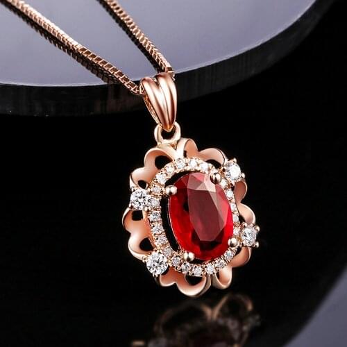 VINTAGE CARVING RUBY GEMSTONES RED CRYSTAL ZIRCON DIAMONDS PENDANT NECKLACES FOR WOMEN ROSE GOLD CHOKER CHAIN JEWELRY BIJOUX