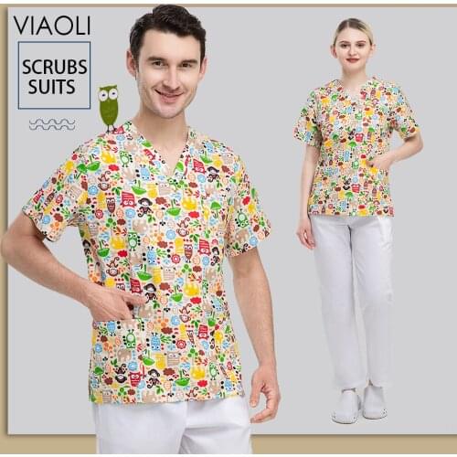 2021 Women Short Sleeve Tops Working Uniform Christmas T-Shirts Uniforms Printed Short Sleeve Scrubs Medical Doctor Lab Clothes