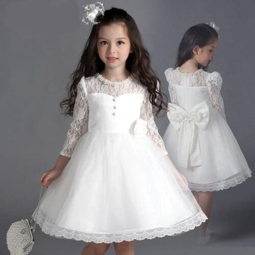 White Flower Girl Princess Wedding Bridesmaid Lace Beads Embroidery Party Dress Baby Girl Graduation Ball Performance Dress