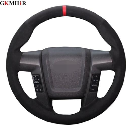 Car Steering Wheel Cover Hand-stitched Black Genuine Leather Suede For Ford F-150 F150 SVT Raptor 2010 2011 2012 2013 2014