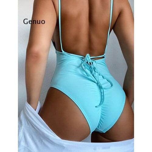 Colors V neck swimsuit female High cut lace up bodysuit one-piece suit Retro womens one piece swimsuit solid 2021 monokini