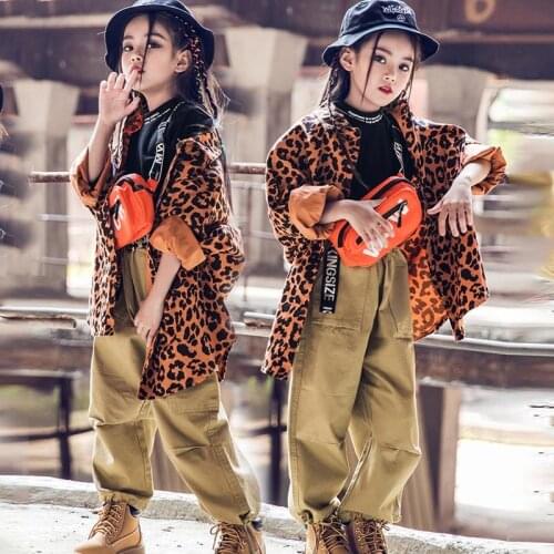 Childrens Street Dance Suit Girls Jazz Dance Clothing Loose Leopard Shirt Performance Clothes Boys Hip Hop Catwalk Show DWY2636