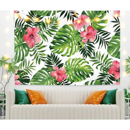 Rain Forest Leaves with Flowers Tapestry Vintage Exotic Summer Plant Nature Frame for Bedroom Photography Wall Decor