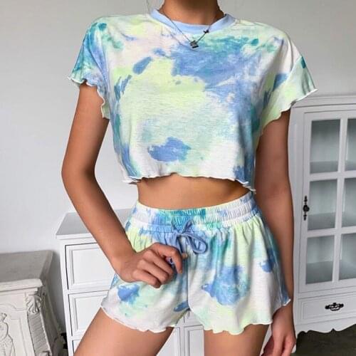 Women Summer Shorts Two Piece Short Sleeve T Shirt & High Waist Drawstring Shorts Sets Ladies Fashion Tie Dye Casual Suits