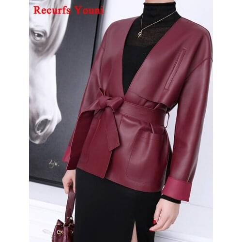 Women Genuine Leather Jacket Female Japanese Chic Deep V-neck Coat With Belt Wine Red Long-sleeved Veste Femme Popa De Mujer
