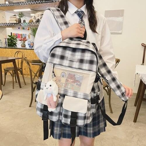 Kawaii Doll Fashion Womens Backpack Checkered Casual Schoolbag For Girls Multi-pocket Large-capacity Travel Backpacks