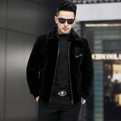 Mens fur wool mink fur collar lapel rose embroidered flower badge zipper winter sheep shearing warm jacket