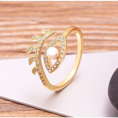 New Fashion Bohemian Turkish Evil Eye Rhinestone Open Adjustable Rings For Women Vintage Pearl Ring Best Party Birthday Jewelry