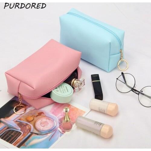 PURDORED 1 Pc Solid Cosmetic Bag for Women Leather Travel Makeup Bag Organizer Toiletries Solid Female Storage Make Up Bag Case