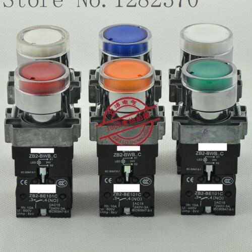 [ZOB] original metal illuminated pushbutton switch 22mm flat head W Y G R B XB2-BW3 * B1C self-resetting 24V 220V 1NO-10pcs/lot