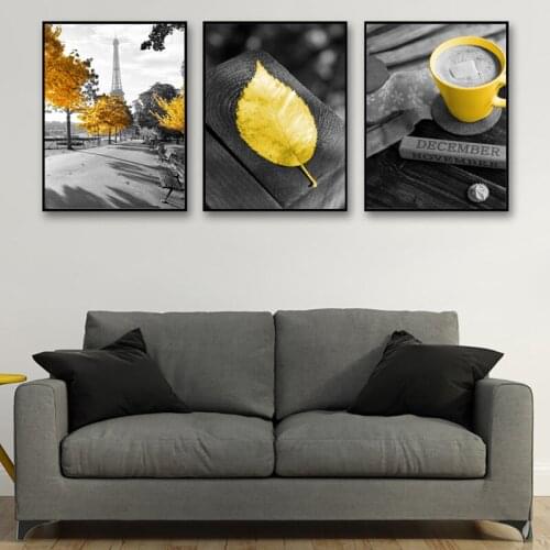 Yellow Leaf Poster Nordic Gray Canvas Painting Paris Tower Canvas Prints Yellow Poster Cappuccino Posters And Prints Unframed
