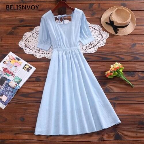 Mori Girl Summer Women Midi Dress Square Collar Backless Dress Bandage Hollow Out Dress Cotton Linen Elegant Puff Sleeve Dress