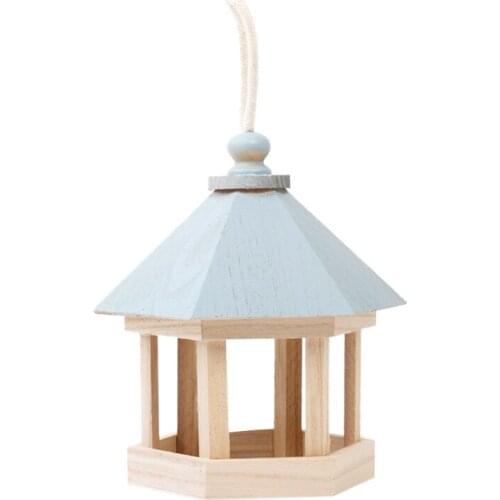 Hanging Wooden Bird Feeder Hexagon Roof Garden Tree Patio Decor Decoration Wooden Bird Supplies
