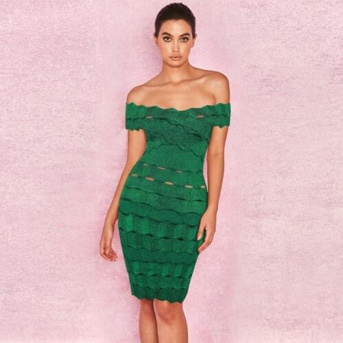 Simple Jacquard Off Shoulder Slash Neck Ribbed-Knit Cut Out Bandage Bodycon Dress