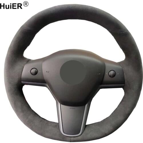 DIY Hand Sewing Car Steering Wheel Cover Suede Cow Leather Volant Braid on the Steering wheel For Tesla Model 3 2017 2018 2019