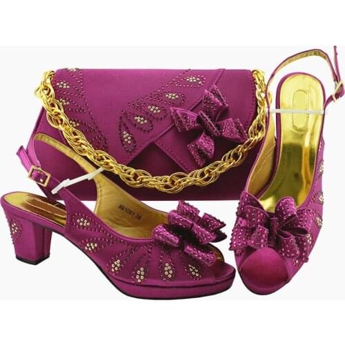 Most popular Magenta women pumps and bag set with butterfly design african shoes match handbag for dress MM1081,heel 6.5cm