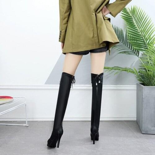 Autumn/ Winter High Heel Waterproof Platform Stiletto High Leg Thigh High Leather Boots over-the-Knee Zipper Skinny Black Boots