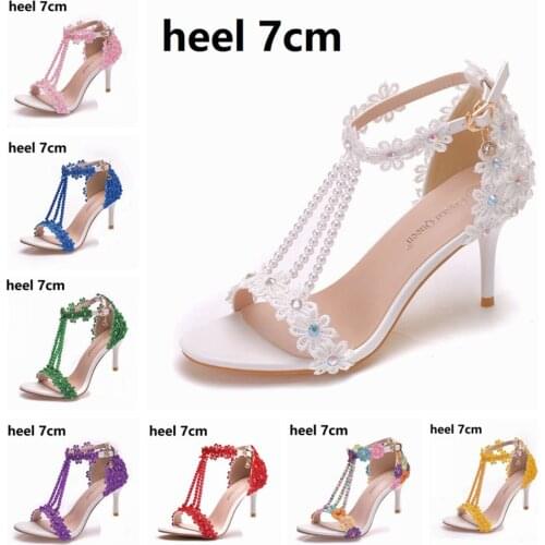 Crystal Queen High Heels 9CM 7CM 5CM Wedding Sandals Women Open Toe Strap Evening Party Summer Lace Flowers Pearl Tassel Shoes