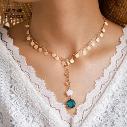 Tocona Bohemian Shiny Rhinestoen Long Chain Pendant Necklace Trendy Pretty Flowers Gold Color Wafer Tassel Jewelry Gift 13733