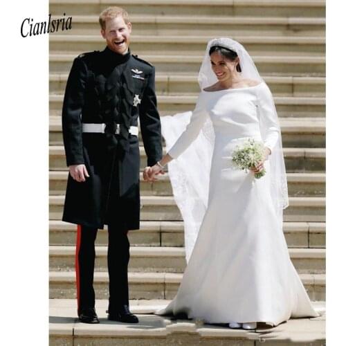 Gorgeous 2020 Long Sleeve Boat Neck Country Wedding Dresses Simple Satin Long Custom Made Wedding Dress Vestidos De Noiva