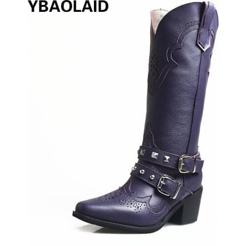 High Boots Fall/winter 2021 New Pointed Toe Layer Cowhide Rivet Belt Buckle Side Zipper Thick Heel Retro Neutral Western Boots