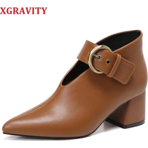 XGRAVITY Pointed Toe Sexy V Cut High Heel Boots Elegant Snakeskin Women High Heeled Ladies Chunky Heel Ankle Boots Female Shoes