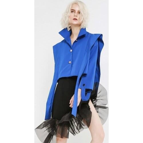 [Spring Autumn New 2020 Loose Fit Blue Ribbon Short Big Size Jacket Lapel Long Sleeve Women Coat Fashion Tide