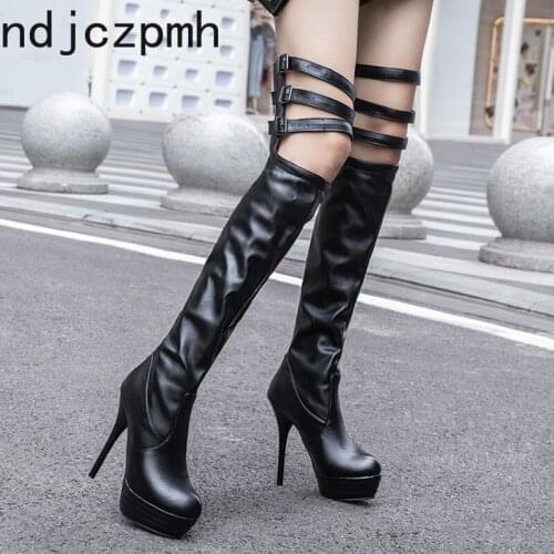 Womens Boots Autumn And Winter New fashion Round head Hollow belt buckle High heel Womens Over the knee boots plus size 32-46