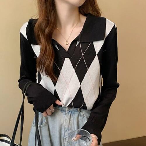 Preppy Style Y2K Clothes Argyle Plaid Knitted Pullover Women Autumn Fashion Polo Collar Slim Long Sleeve Top Cropped Sweater
