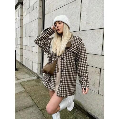 SLMD Vintage Chic Pockets Plaid Woolen Jackets Women Fashion Buttons Lapel Collar Check Coats Female Outerwear