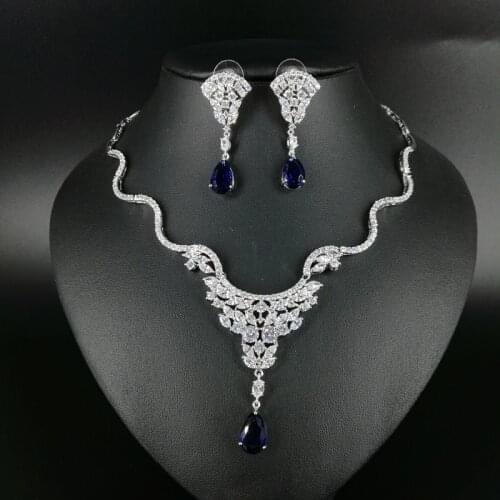 2020 NEW fashion exquisite blue cubic zircon necklace earring set golden,wedding bride banquet dress dinner popular jewelry set