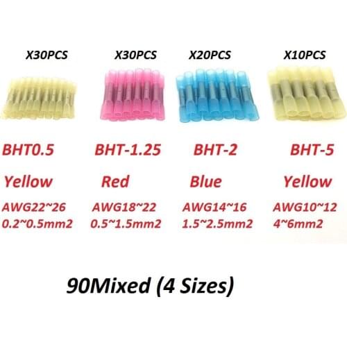 90pcs Hot Melt Glue Inside Waterproof 4 Sizes Mixed BHT0.5 BHT1.25 BHT2 BHT5 PE Heat Shrink Butt Crimp Terminals Connectors