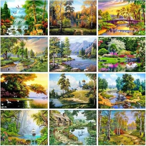 Forest Scenery Diamond Embroidery Painting Lake Trees Mosaic Stones Picture Small Size Diamond Dots Wall Art Decor Stickers Gift