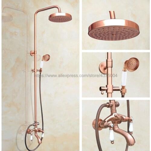 Antique Red Copper Bathroom Rainfall Shower Faucet Set Mixer Tap With Hand Sprayer Wall Mounted Nrg565