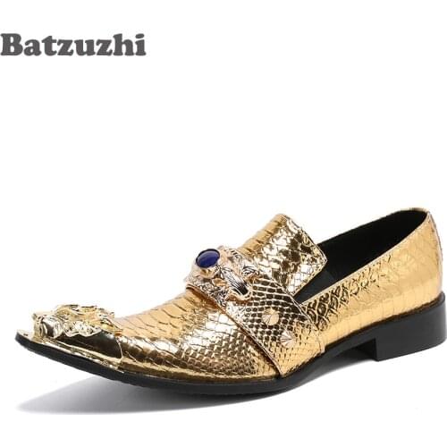 Batzuzhi 2020 New Luxury Genuine Leather Shoes Men Pointed Metal Toe Golden Party and Wedding Footwear Shoes for Men, EU38-46