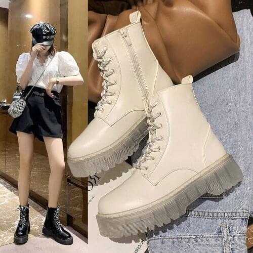 Womens Lace Up Ankle Boots Platform Zip Transparent Ladies PU Leather Boots Thick Bootom Fashion Women Shoes Female Footwear