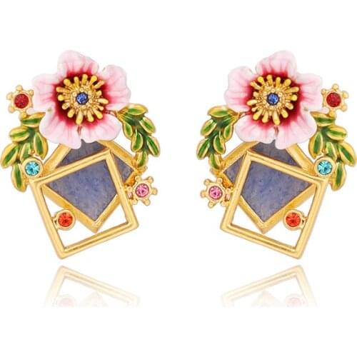 Enamel Three-dimensional Flower Earrings 925 White Fungus Nails Mori Series Turquoise Fairy Earrings Peach Blossom Fresh Earring