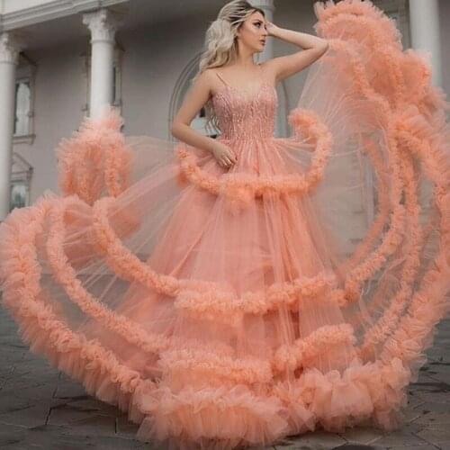 Haute Couture 2020 New Prom Formal Dresses Long Puffy Ruffled Tulle Spaghetti Evening Birthday Dress Special Occasion Gowns