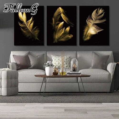 FULLCANG 5d diy diamond embroidery yellow feather diamond painting triptych full square round drill home decoration FC3015