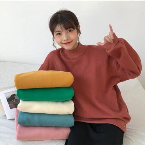 Korean autumn and winter BF wind loose solid color plus velvet high collar long sleeve t-shirt women