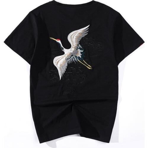Summer Mens T-Shirts Cotton Crane Embroidery Oversized Short Sleeves Tshirt Yokosuka Souvenir Top Tee Harajuku Clothes B169